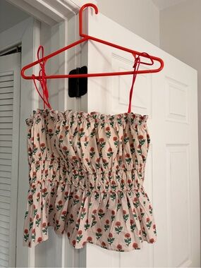 Benaar LA Floral Smocked Peplum Cami Top - Cream with Red & Green Floral